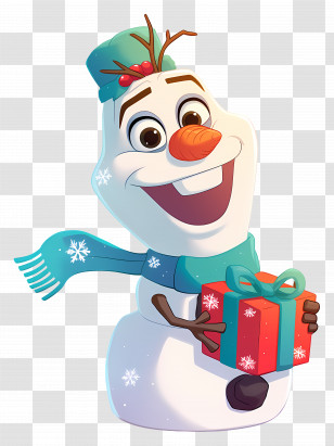 Frozen Olaf - Cheerful Snowman Holding A Gift For Christmas Transparent PNG