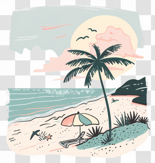Beach - Relaxing Beach Scene With Palm Tree And Umbrella Transparent PNG