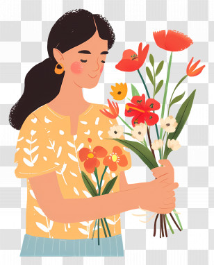 Woman - Cartoon Woman Holding A Flower Bouquet Transparent PNG
