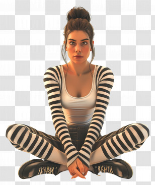 Woman - Woman In Striped Sleeves Sitting Transparent PNG