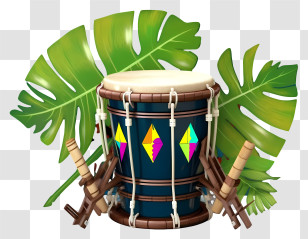 Drum - Blue Drum With Tropical Leaves And Sticks Transparent PNG