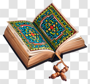 Holy Book Of Koran And Pray Beads - Open Book With Colorful Illustrations Transparent PNG