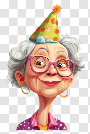 Birthday Senior Woman - Joyful Elderly Woman With Party Hat And Glasses Transparent PNG