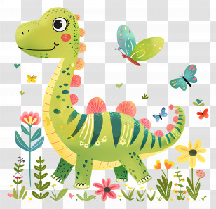 Cartoon Dinosaur - Green Cartoon Dinosaur With Butterflies And Flowers Transparent PNG
