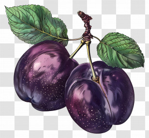 Plum - Two Purple Plums With Green Leaves Illustration Transparent PNG