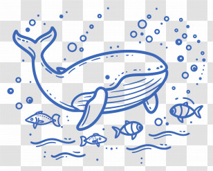 Cute Whale - Line Art Whale And Fish In Ocean Transparent PNG