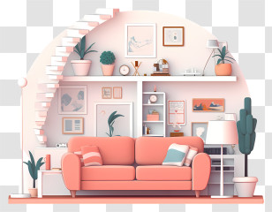 Home Decor - Cozy Living Room With Sofa And Stairs Transparent PNG