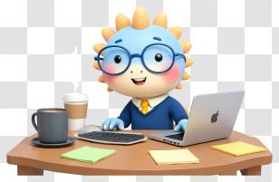 Dinosaur Mascot Working On Computer - Cute Office Worker At Desk Transparent PNG