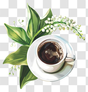 Spring Coffee Time - Coffee Cup With Leaves And Flowers Transparent PNG