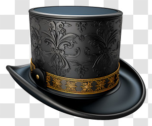 Hat - Black Vintage Top Hat With Gold Trim Transparent PNG