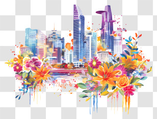 Ho Chi Minh City Skyline - City Skyline With Colorful Flower Accents Transparent PNG
