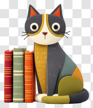 Cat Sitting With Books - Colorful Cat And Books Transparent PNG