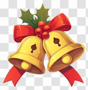 Christmas Bells - Golden Bells With Ribbon And Holly For Christmas Transparent PNG