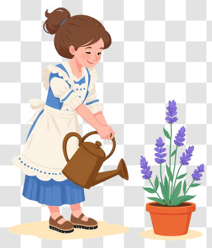 Girl Watering Plant - Girl In Apron Watering Lavender Plant Transparent PNG