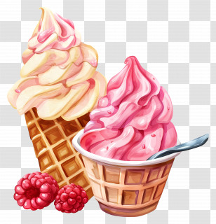 Ice Cream Cones And Raspberries - Colorful Ice Cream With Raspberries Transparent PNG
