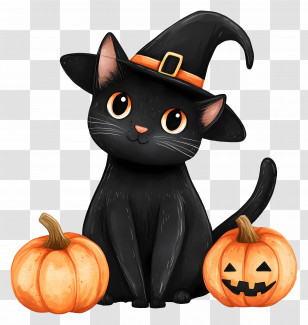 Halloween Black Cat - Black Cat With Pumpkins In Halloween Transparent PNG