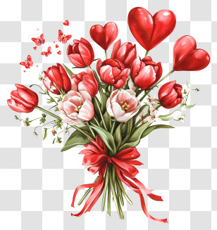 Red Tulip Bouquet - Red Tulip Bouquet With Hearts Transparent PNG