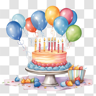 Birthday Cake - Birthday Cake With Candles And Party Balloons Transparent PNG