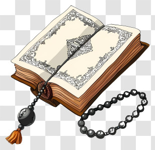 Hand Drawn Holy Book Of Koran And Pray Beads - Open Holy Book With Rosary Beads Transparent PNG