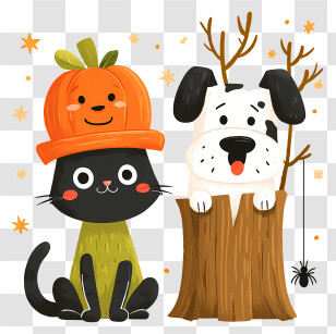 Halloween Dog Cat - Cat And Dog With Pumpkin Hat Transparent PNG