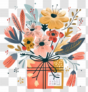 Gift - Beautiful Flower Bouquet With Calendar Transparent PNG