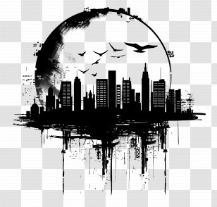 City Silhouette - Black And White City Skyline With Birds Transparent PNG