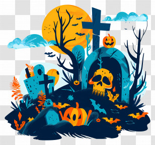 Halloween Graveyard - Spooky Halloween Cemetery Illustration With Full Moon Transparent PNG