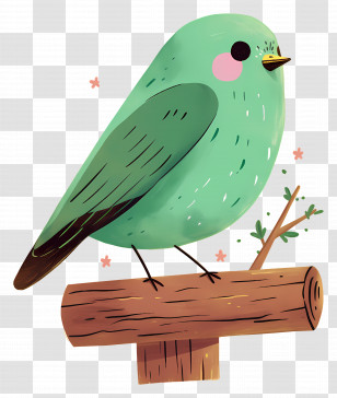 Kawaii Bird - Green Bird Sitting On A Wooden Branch Transparent PNG