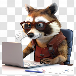 Animal - Cartoon Raccoon Working On Laptop Transparent PNG