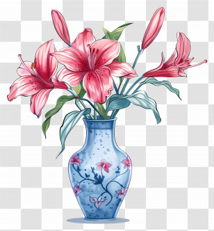 Vase With Flowers - Blue Vase With Pink Lilies Decoration Transparent PNG