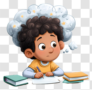 Child Doing Homework - Boy Daydreaming With Books Transparent PNG