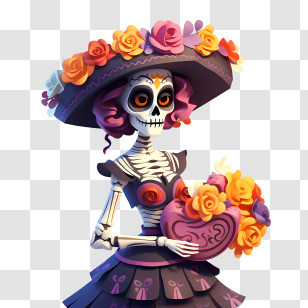 Day Of The Dead - Skeleton Woman With Floral Hat For Dia De Los Muertos Transparent PNG