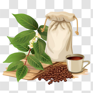 Coffee Beans Bag - Bag Of Coffee Beans With Cup And Leaves Transparent PNG
