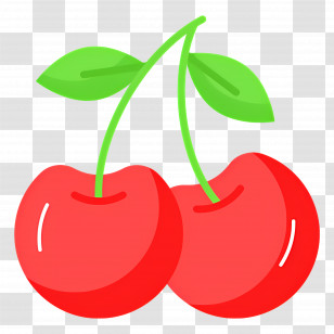 Cherry - Iconic Illustration Of Red Cherries With Green Leaves Transparent PNG
