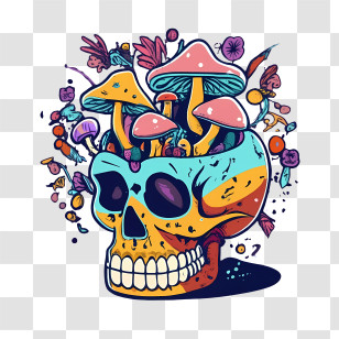 Skull Mushrooms - Surreal Skull With Mushrooms And Floral Art Transparent PNG