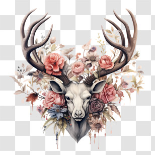 Antlers And Flowers - Artistic Deer With Floral Antlers Transparent PNG