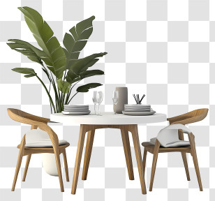 Aesthetic Table Setup - Modern Dining Table With Chairs And Plant Transparent PNG
