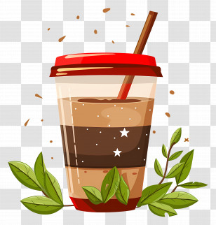 Cup Of Coffee - Coffee Cup With Straw And Leaves Transparent PNG