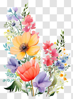 Watercolor Painting - Artistic Composition Of Colorful Flowers Transparent PNG
