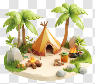Summer Camp - Camping Scene With Tent And Palm Trees Transparent PNG