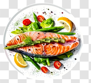 Fish Dish Simplistic Vector Art - Grilled Salmon With Vegetables And Lemon Transparent PNG