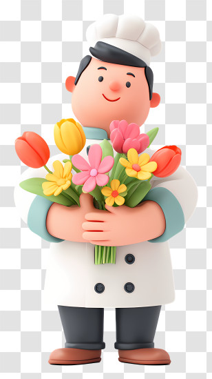 Chef Holding Bouquet - Chef Holding Colorful Bouquet Transparent PNG