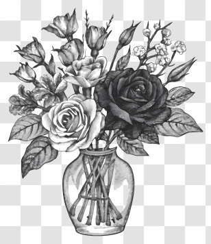 Vase - Black And White Rose Bouquet Illustration Transparent PNG