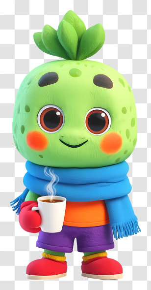 Plant Mascot Enjoying Winter - Cute Green Mascot With Mug Transparent PNG