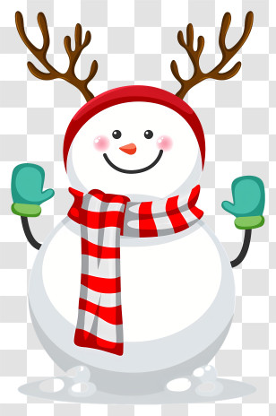 Snowman - Snowman With Antlers And Scarf Transparent PNG