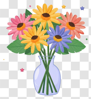 Cartoon - Bright Vase Of Colorful Flowers Transparent PNG