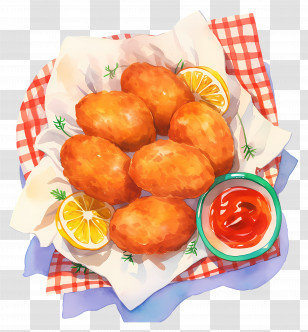 Fried Chicken Nuggets - Crispy Fried Snacks With Ketchup And Lemon Wedges Transparent PNG