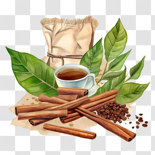 Coffee Beans Bag - Coffee Cup With Cinnamon And Natural Decor Transparent PNG