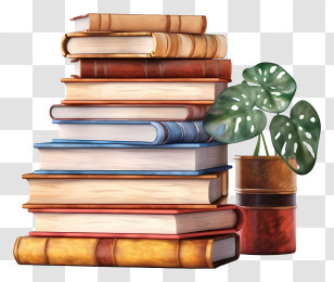 Stack Of Books - Illustration Of Book Stack And Pot Plant Transparent PNG