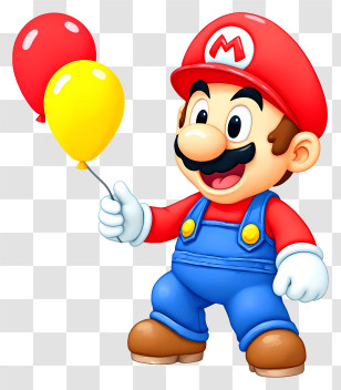 Mario Birthday - Cheerful Red-hat Character With Balloons Transparent PNG